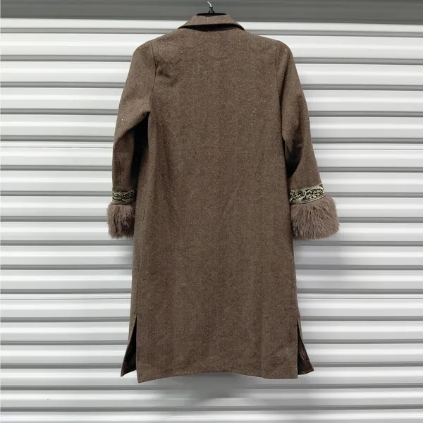 NKN Nekane Womens Wool Blend Coat Sz Small Brown Herringbone Faux Fur Old Money - Image 4