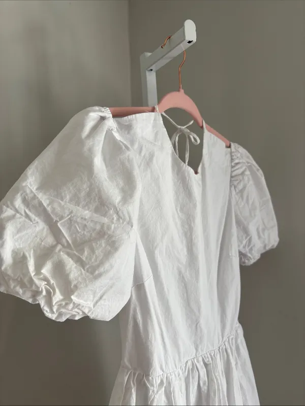 Glamorous Puff-Sleeve Mini Dress White Open Back Lace Up Skater Dress White Sz 4 - Image 7