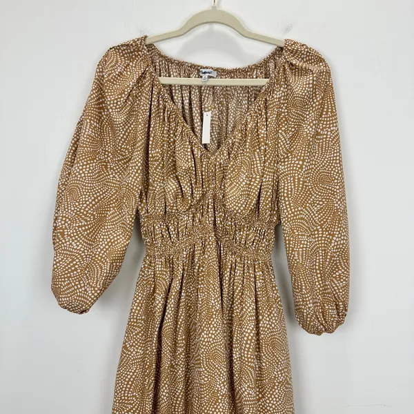 Madewell V Neck Balloon Sleeve Maxi Dress Spiral Dot Tan Smocked Boho US 00 NWT - Image 8