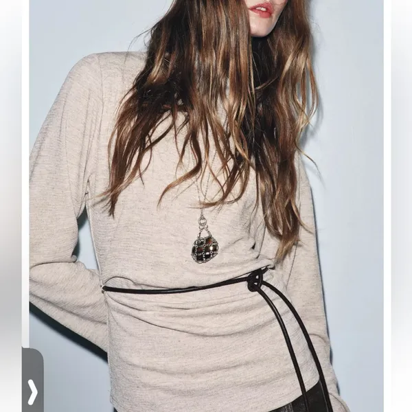 Zara NWT asymmetrical long sleeve top faux leather tie belt light beige marl - Image 2
