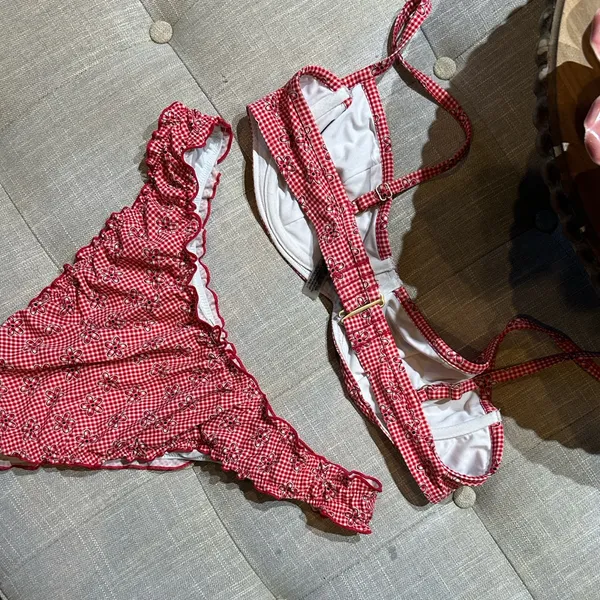 PINK By Frankies Bikinis Red Checkered Bikini Floral Bikini Top + Bottom Set - Image 3