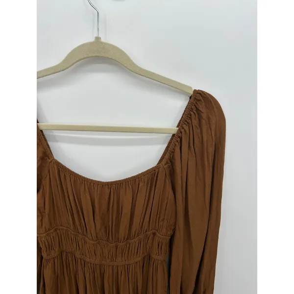 Brown‎ Peasant Babydoll Mini Dress Sz S Smocked Boho Cottagecore - Image 5