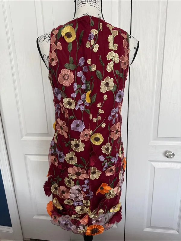 Nina Leonard Burgundy Floral Embroidered Midi Dress - Image 6