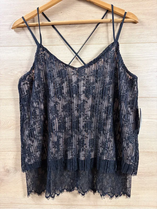 Lily Black Strappy Crossback Black/Tan Lace Cami Tank Top - Image 2