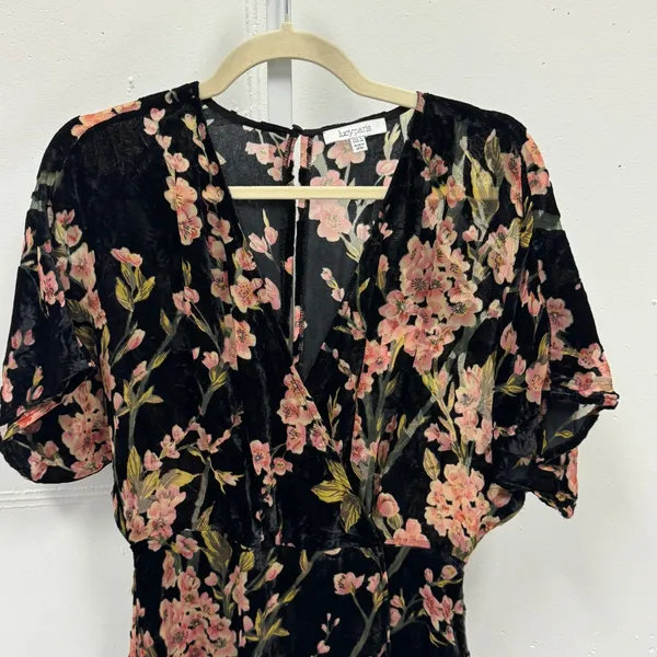 Lucy Paris‎ Black Floral Velvet Burnout Faux Wrap Midi Dress Pink Flowers Small - Image 3