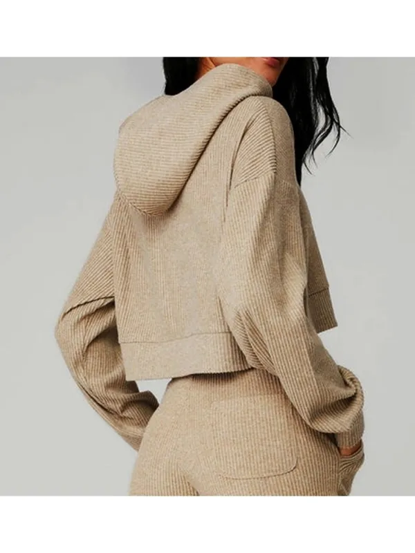 Alo Muse Hoodie Gravel Heather Tan Ribbed Stretchy Sweatshirt Sweater Pullover L - Image 7