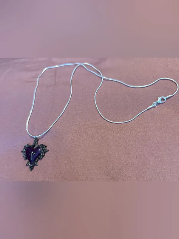 Sterling Silver 925 Heart Pendant Necklace with Purple Stone - Image 3