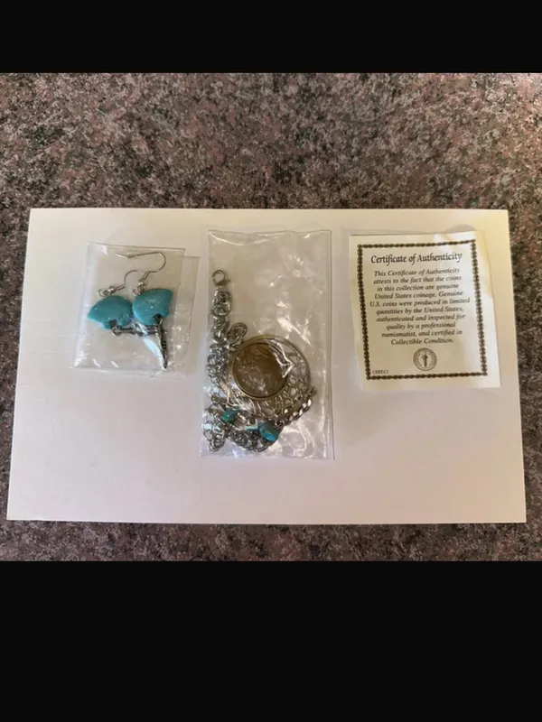 NEW American Coin Buffalo Nickel Dream Catcher Bracelet and turquoise earrings - Image 4