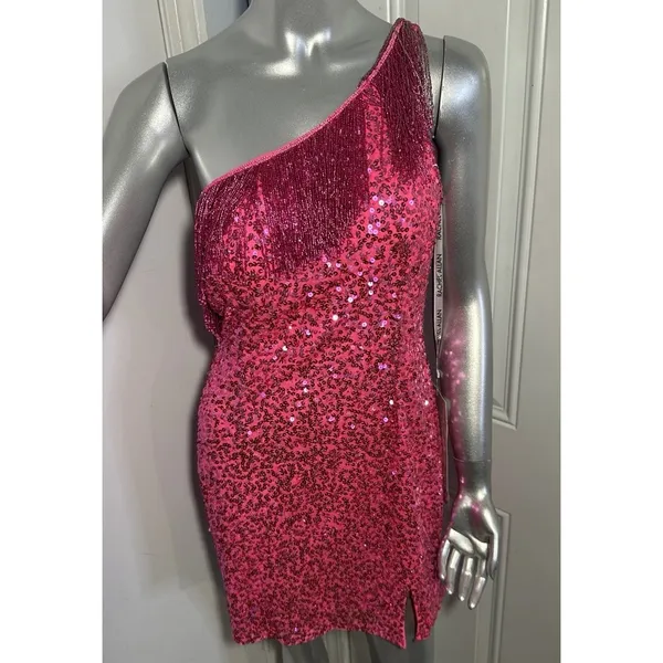 Rachel ALLAN 40150 Hot Pink Sequin One Shoulder Fringe Dress Size 12 NWT - Image 7