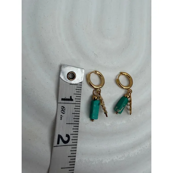 Turquoise Stone Leaf Charm Hoop Earrings Gold Tone Stainless Steel Boho - Image 5