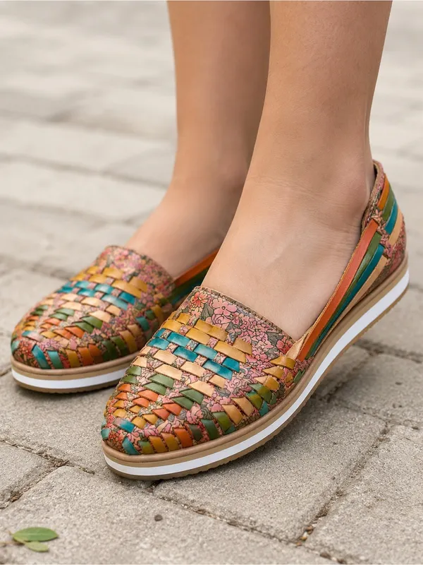 Indios by Impucalza Mexican Leather Floral Woven Huarache Boho Flats US 8 MX 25 - Image 9