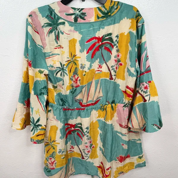 True Destinations Tunic Top Womens M Multicolor Tropical V-Neck Bell - Image 2
