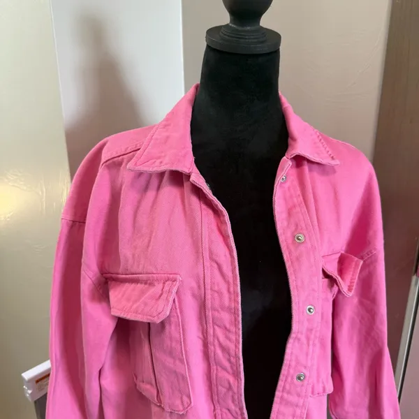 if it were me Oversized Jean Denim Jacket‎ Bubblegum Pink Snap Front Coquette S - Image 2