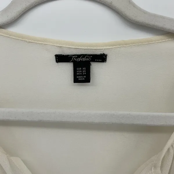 Zara Trafaluc Cream Sheer Blouse Beaded Sequin Cuff Split V-Neck Party XS - Image 4