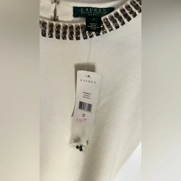 Lauren Ralph Lauren Ivory Midi Knit Dress with Embellished Neckline, Medium - Image 4