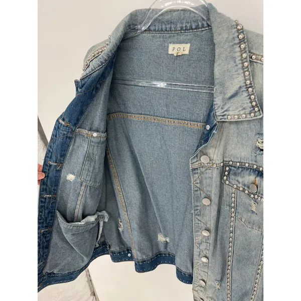POL Denim Jean Jacket Womens S Blue Studded‎ Distressed Oversized - Image 7