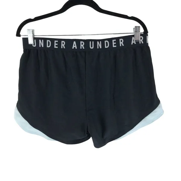 Under Armour Womens Play Up Running Shorts Loose HeatGear Printed Black Blue XL - Image 3