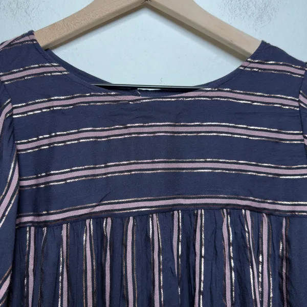 Anthropologie‎ Women Cotton Cameron Tie Sleeve Blouse XS Navy Gold Striped Top - Image 2