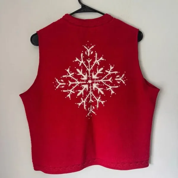 Vintage 100% Boiled Wool Red Embroidery Snowflake Vest Size L - Image 2