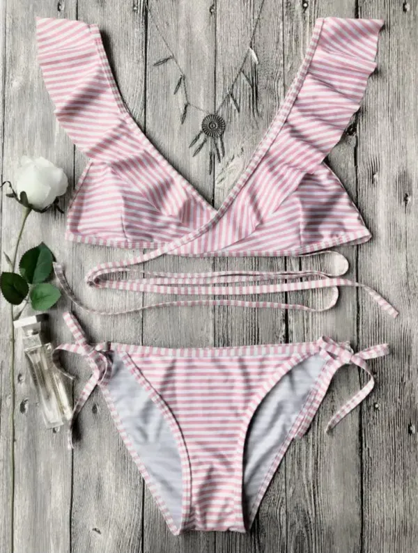 pink striped ruffles wrap bikini Size M - Image 2