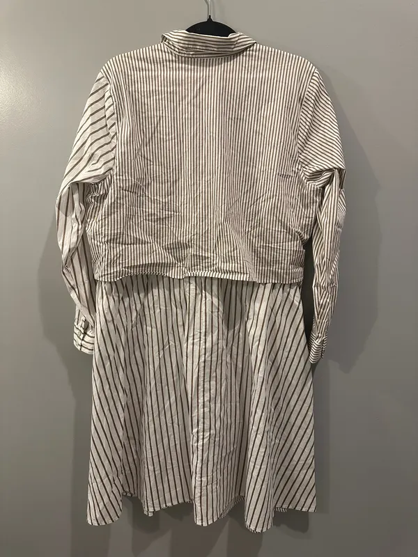J. Jill Pinstripe Tie Waist Detail Collared Button-Down Shirt Dress Latte and White - Image 3
