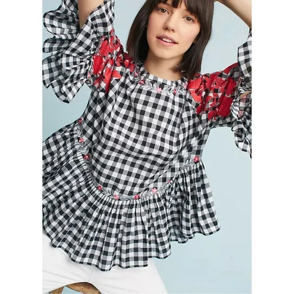 Anthropologie Pankaj & Nidhi checkered gingham embroidered floral swing blouse s - Image 12
