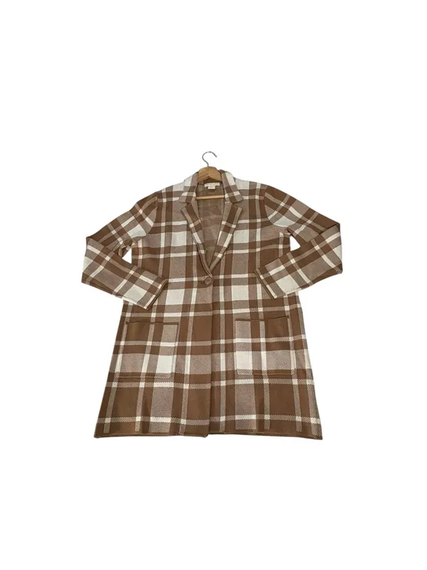 Christian Siriano Women L Plaid Knit Blazer Tan Cream Longline Preppy Office - Image 4