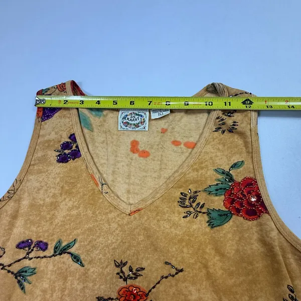 24 Karat Floral Beaded V-Neck Tank Top Size L - Image 5