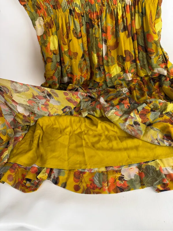 Anthropologie Yellow Fruit Print Smocked Waist Tiered Dress, Size XL - Image 9