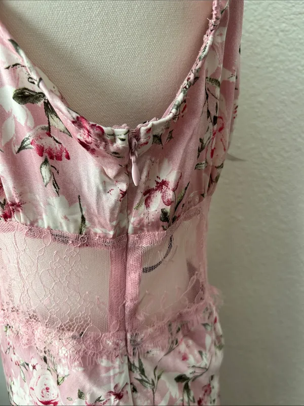 Forever 21 Size L Lace-Trim Midriff Panel Satin Floral Maxi Dress Cap Sleeves - Image 7