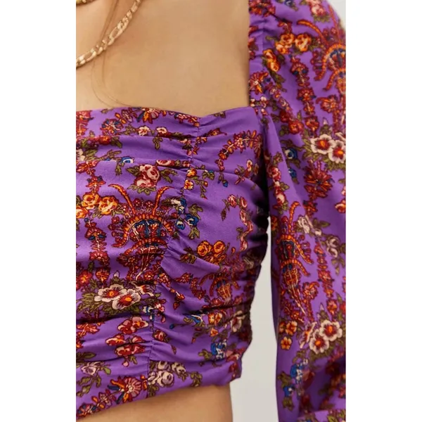 Urban Outfitters Purple Floral Ruched Long‎ Sleeve Crop Top Smocked Back XS - Image 3