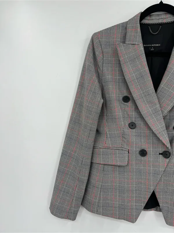 Banana Republic Glen Blazer Jacket Plaid Print Double-Breasted Stretch Size 2 - Image 10