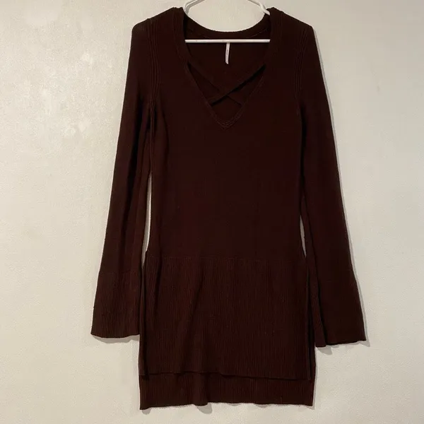 Free People Brown Criss Cross Knit Tunic Sweater Small Boho Cozy - Image 2