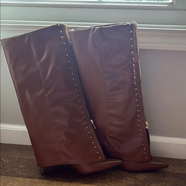 Source Unknown Elegant Brown Leather Women's Boots brown knee high boots with studded details - Image 8