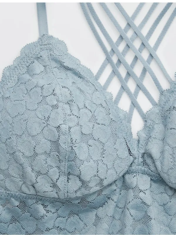 Aerie Light Blue Animal Print Lace Strappy Longline Bralette Size Small - Image 3