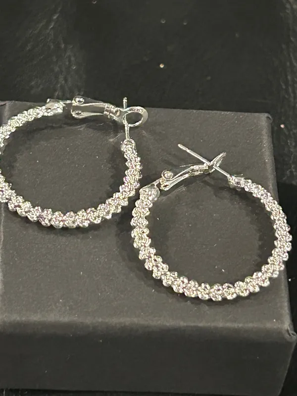 Silver Crystal Pave Hoop Earrings - Sparkling Silver Hoop Earrings - Image 4
