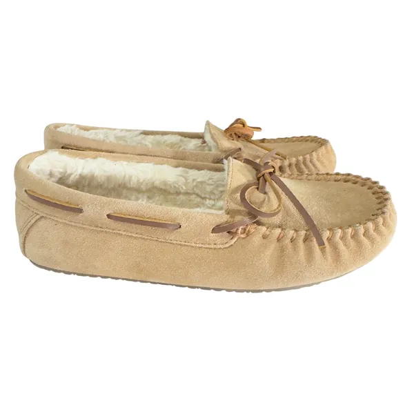 3205 | Minnetonka Cally Suede Faux Fur Lined Moccasin Slippers Tan Women 7 NEW - Image 5