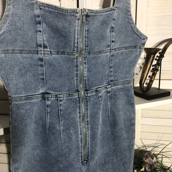 Emory Park Y2K denim jumpsuit bell-bottoms blue zip sexy fitted look groovy hippie boho M - Image 7
