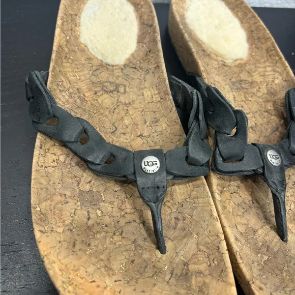 UGG Australia 7 Black‎ Leather Braided Thong Cork Flip Flops Shearling Sandals - Image 3
