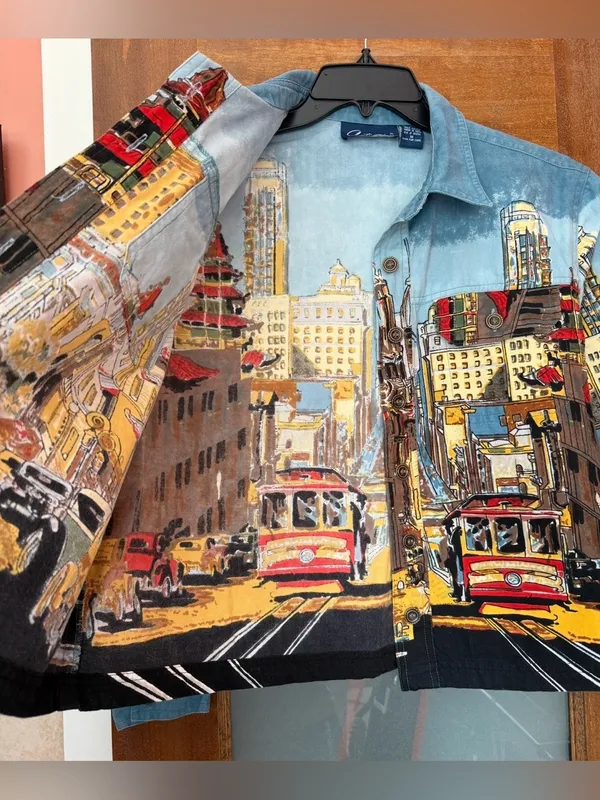Artscapes Womens Vintage San Francisco Trolley Car Denim Button Up Jackets - Med - Image 4