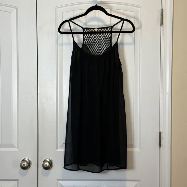 Black Chiffon Mini Dress Mesh Racerback Spaghetti Strap Babydoll L Casual Chic - Image 2