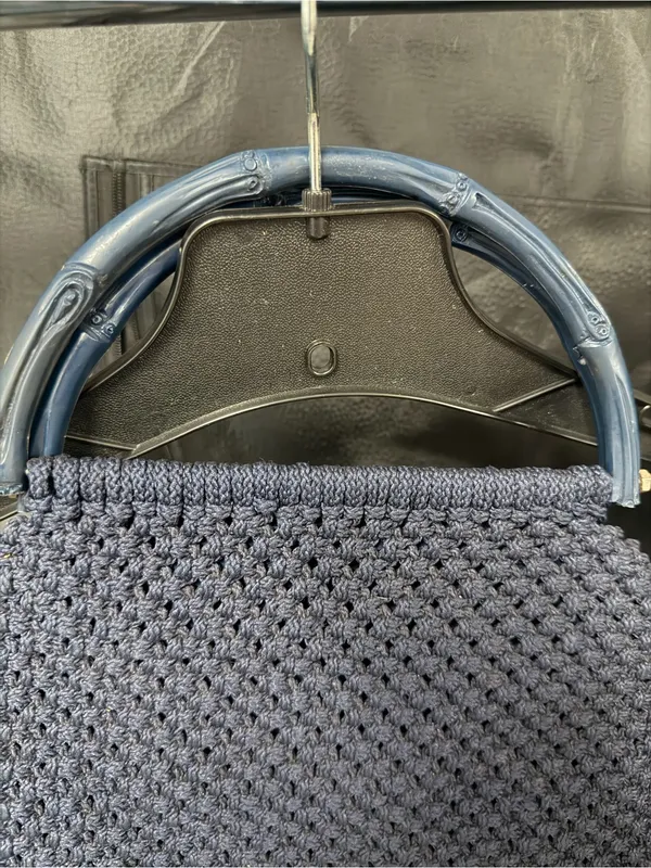 Vintage Navy Heavy Macrame Navy 2-Handled Shoulder Bag/Purse Open Top - Image 2