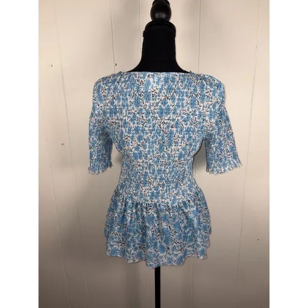 Anthropologie Maeve Ashton smocked peplum top blue‎ floral - Image 2