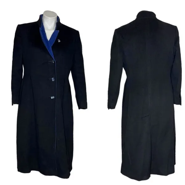 JULES MILLER Black Coat Blue Collar Lapel Fully Lined Midi Length VINTAGE - Image 13