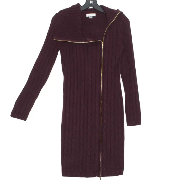 Calvin Klein Sweater Dress Cable Knit Burgundy Zip Up Dark Academia Old Money S - Image 5