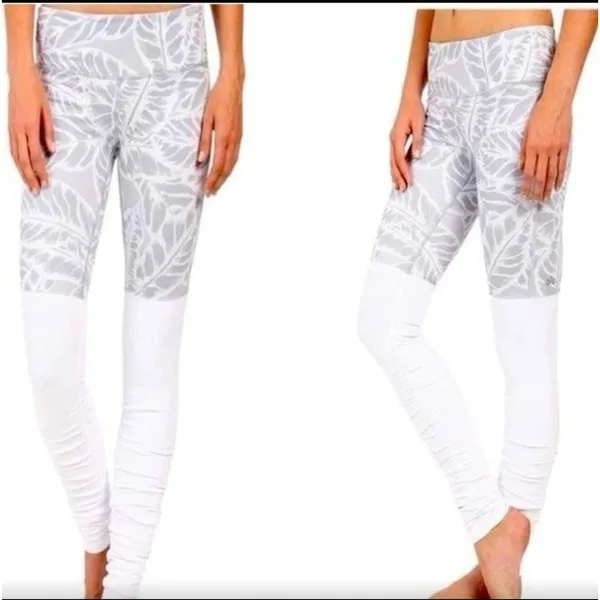 Alo White/Gray Palm Leaf Goddess Leggings, Small‎ - Image 2