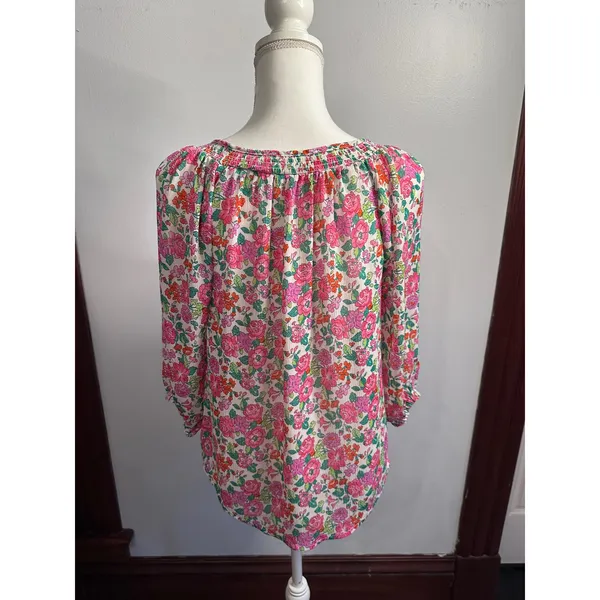 Abercrombie & Fitch Pink Floral Smocked Keyhole Peasant Blouse Top Womens Medium - Image 3