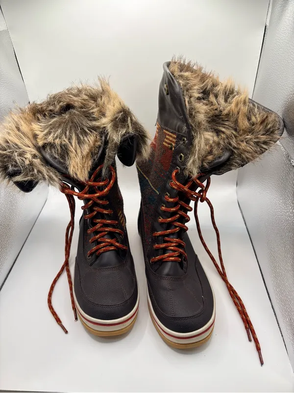 Faux Fur-Trimmed Brown Patterned Women's Winter Boots - Image 13