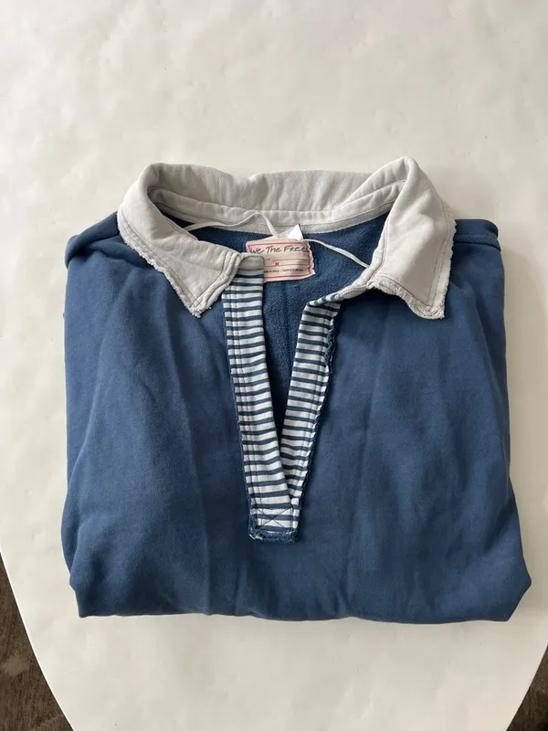 Free People x We The Free Clean Prep Polo Pullover Sweater Top Blue White Medium - Image 3