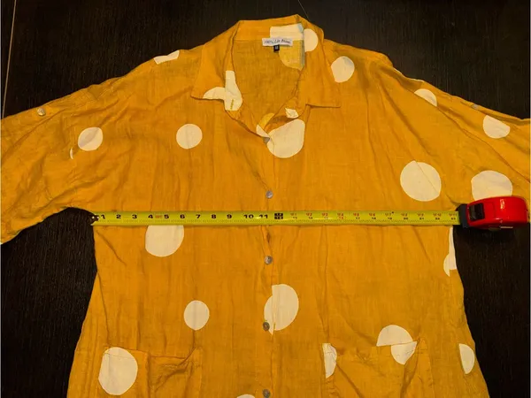 Linen Mustard Yellow Polka Dot Button Front Shirt Dress Tunic Boho Pockets XL - Image 4